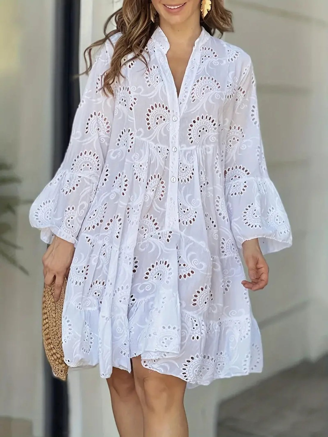 Ruffle Hem Eyelet Notched Long Sleeve Dress - Littles Collection 