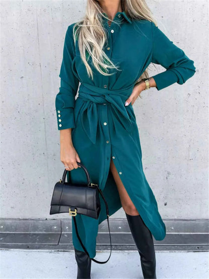 women_fashion - littlescollectionDressPlus Size Beige Button Front Shirt Dress Waist Tie