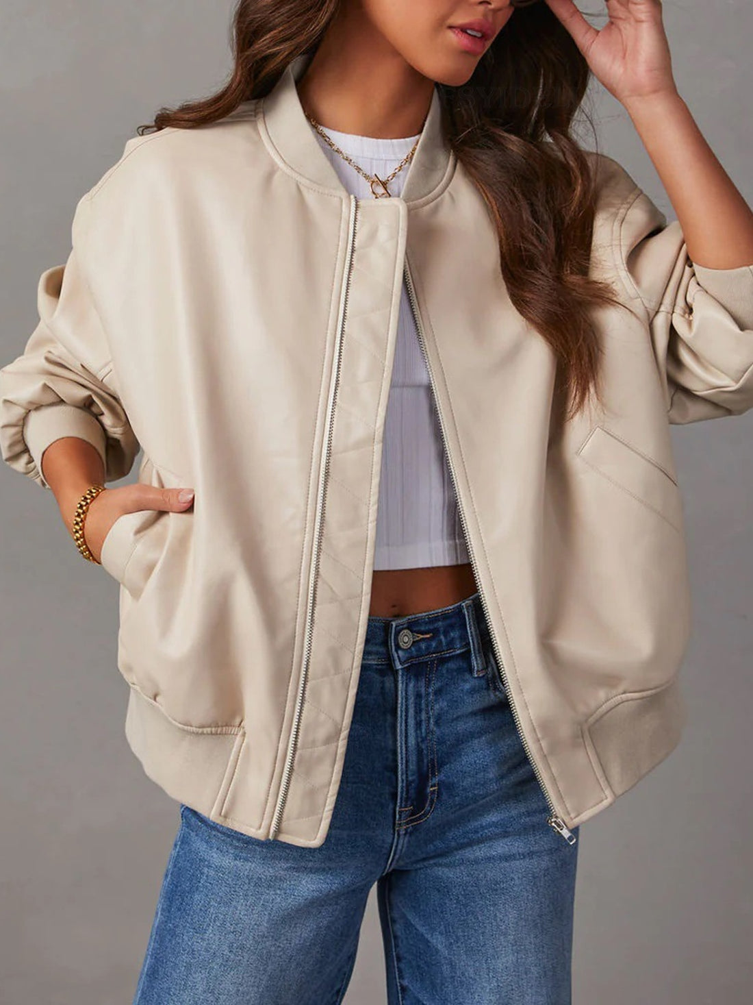 Zip up bomber jacket women cream color high end fabric.  pockets 