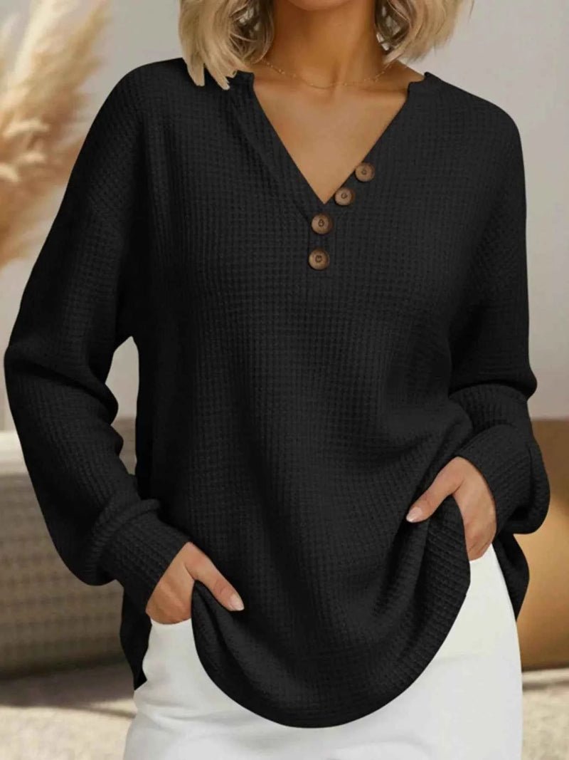 women_fashion - littlescollectionCasual Waffle Knit Long Sleeve T-Shirt Plus Size