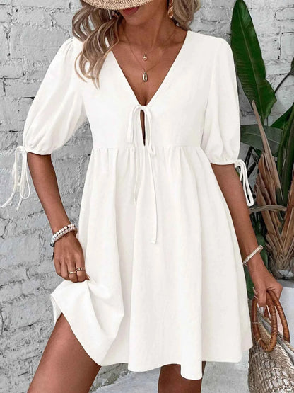 V-Neck Tie-Front Mini Dress with Puff Sleeves
