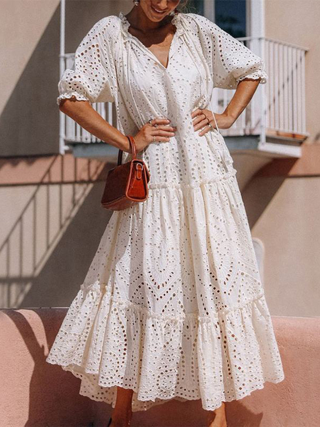 Tie Neck Half Sleeve Tiered Dress - Littles Collection 