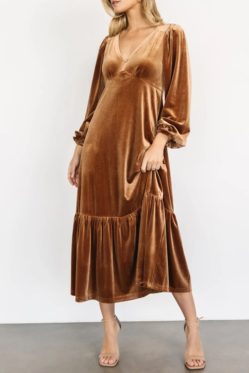 V-Neck Long Sleeve Midi Velvet Dress - Littles Collection 
