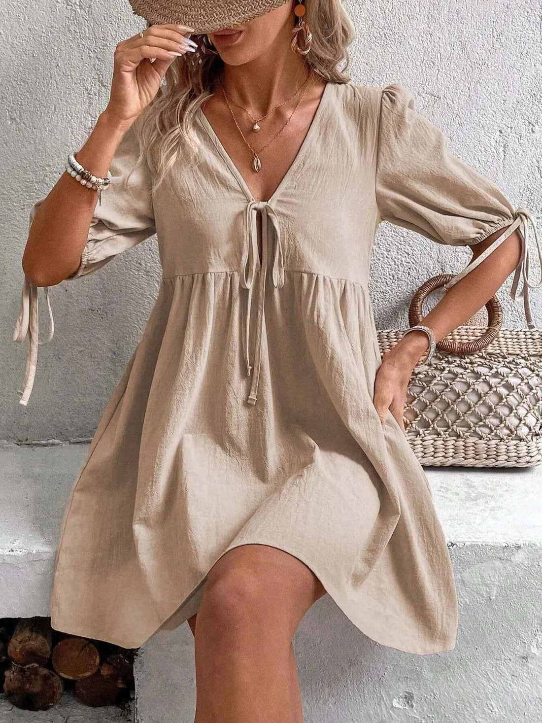 women_fashion - littlescollectionCotton dressV - Neck Tie - Front Mini Dress with Puff Sleeveslittlescollection