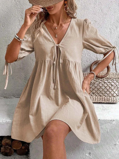 women_fashion - littlescollectionCotton dressV - Neck Tie - Front Mini Dress with Puff Sleeveslittlescollection