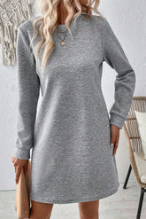 Textured Round Neck Long Sleeve Mini Dress - Littles Collection 