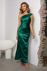 One-Shoulder Ruched Slit Maxi Dress - Littles Collection 