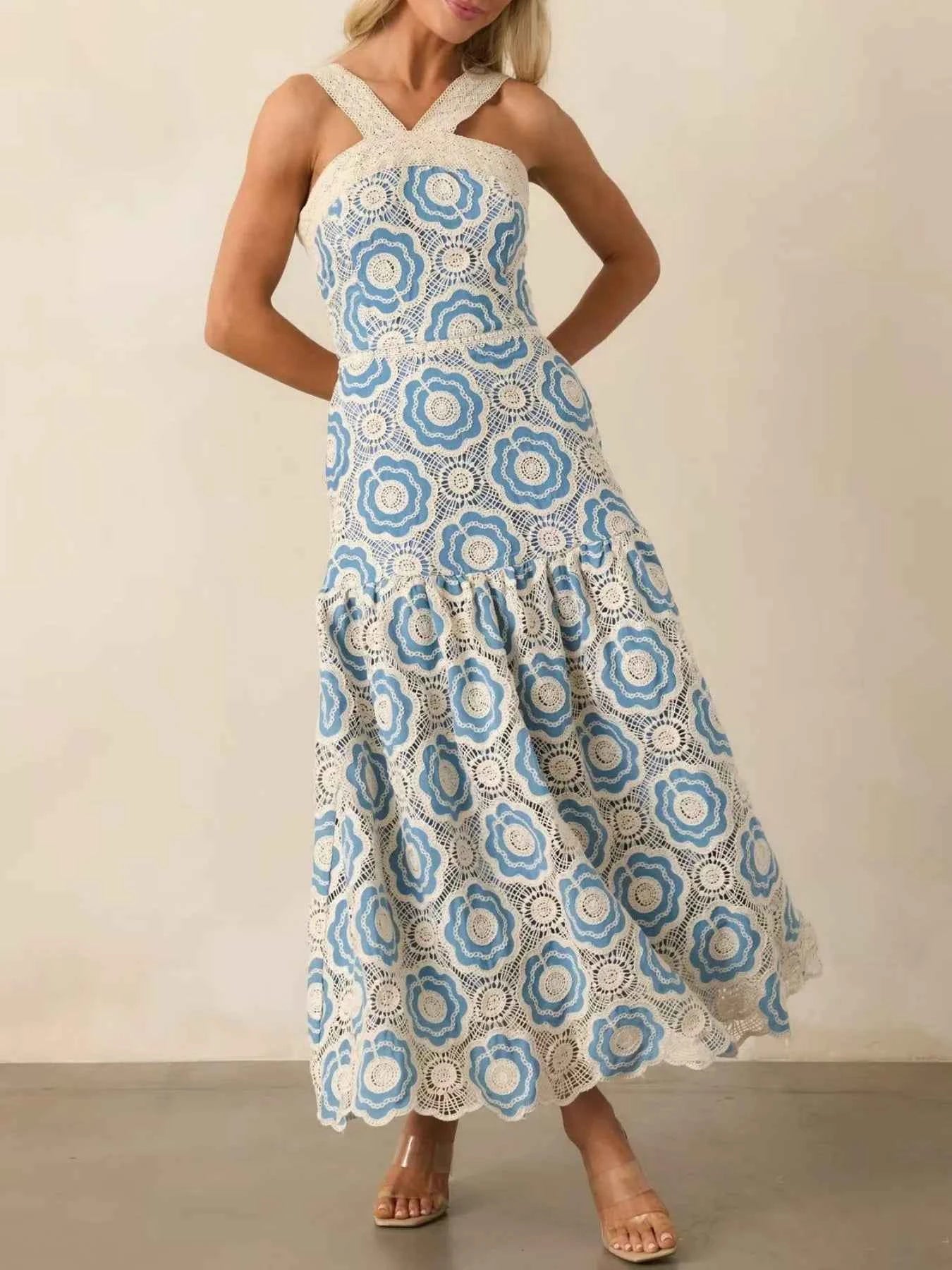 Lace Sleeveless Tiered Midi Dress