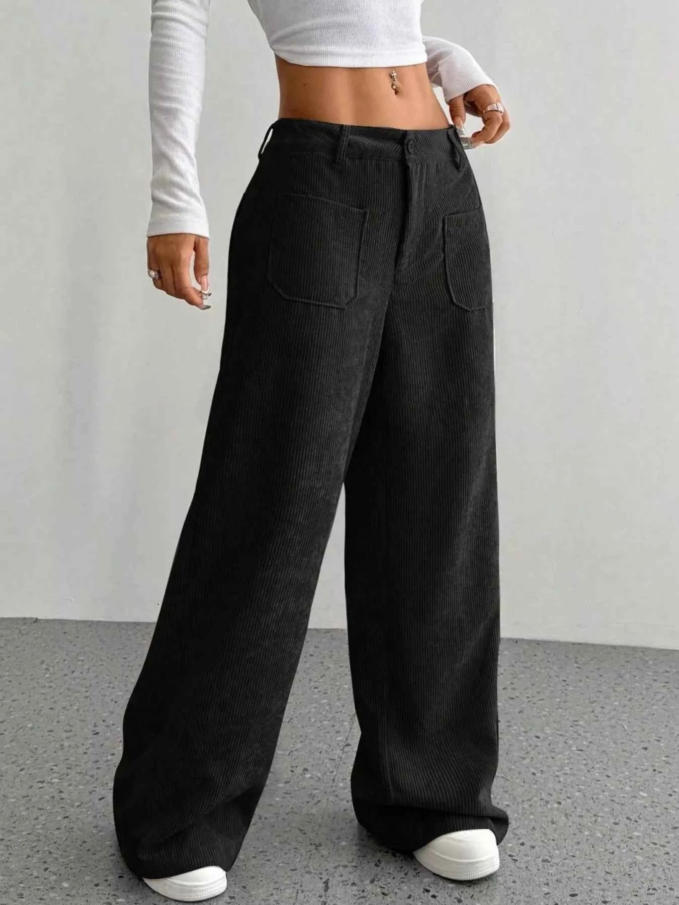 women_fashion - littlescollectionWomen pantsWide - Leg Bold Silhouette Corduroy Pantsjeans pant
