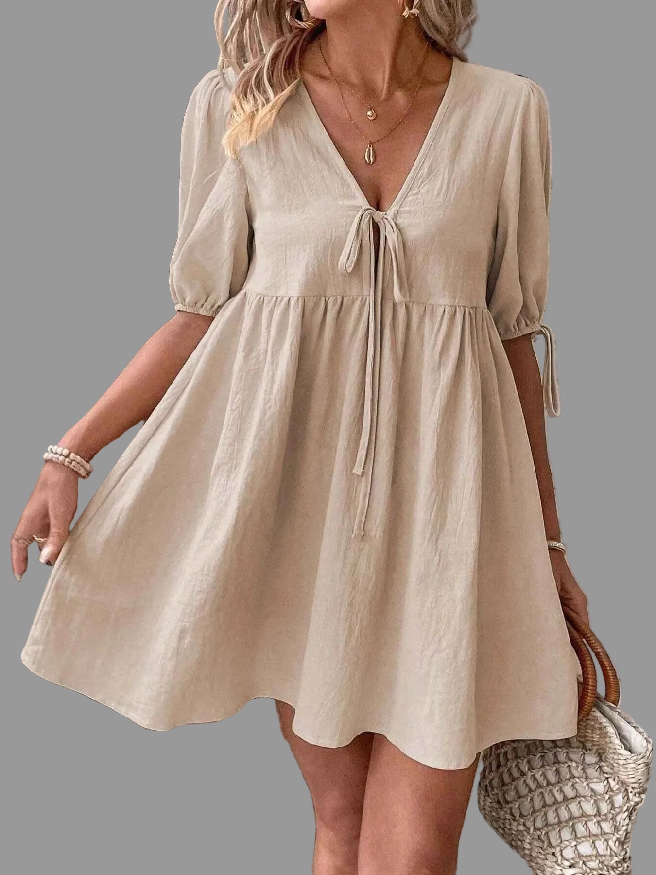 women_fashion - littlescollectionCotton dressV - Neck Tie - Front Mini Dress with Puff Sleeveslittlescollection