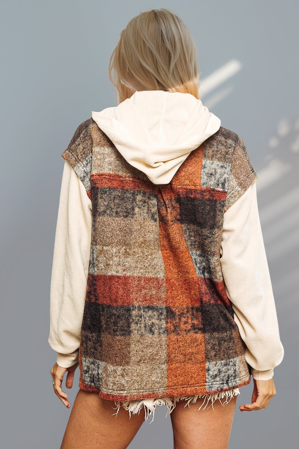 Double Take Contrast Sleeve Hooded Plaid Jacket