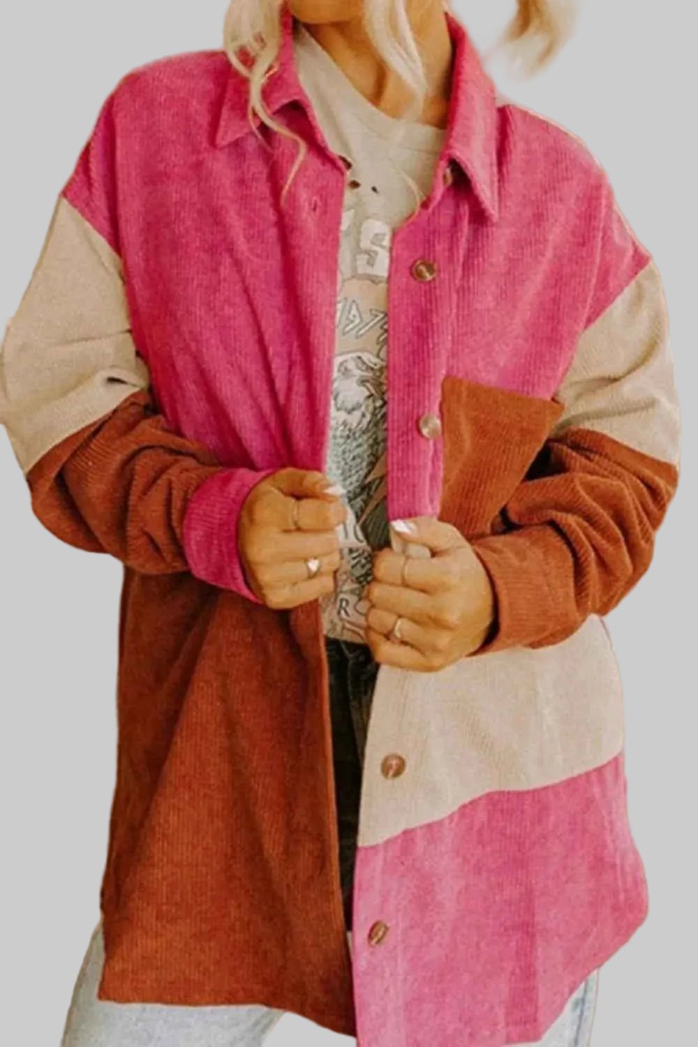 women_fashion - littlescollectionShacketColor Block Boho Curved Hem Corduroy Shacket with Pocketjacketswomen fashion