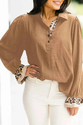 Leopard Trim Long Sleeve Blouse