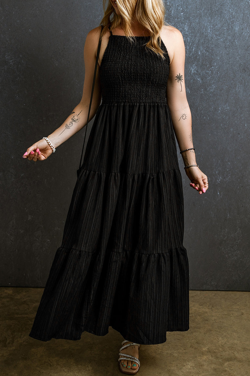 Black long dress cotton fabric halter neck smkoed torso partyvdress