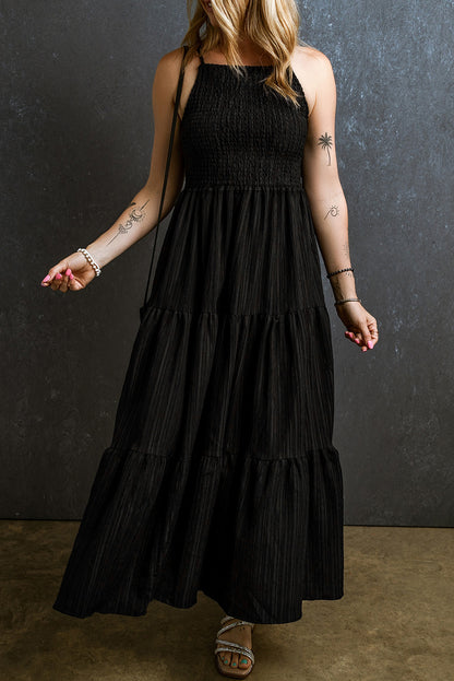 Black long dress cotton fabric halter neck smkoed torso partyvdress