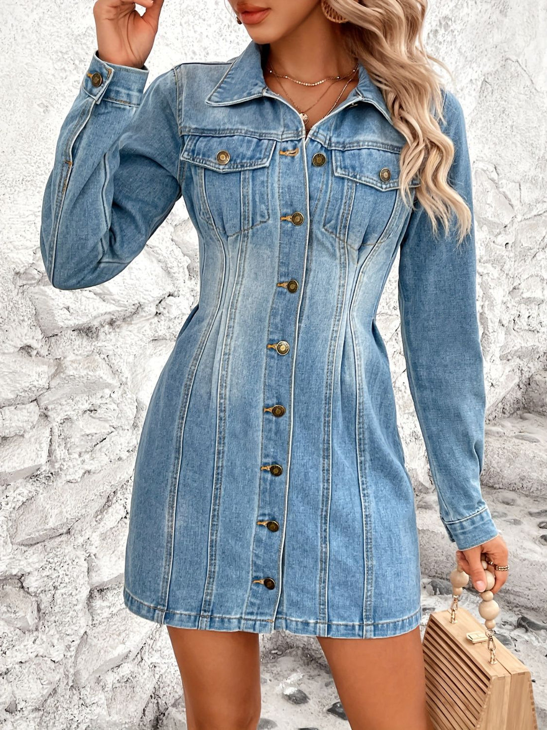 Pocketed Button Up Long Sleeve Denim Dress - Littles Collection 