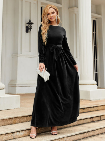 Tie Front Round Neck Velvet Maxi Dress - Littles Collection 