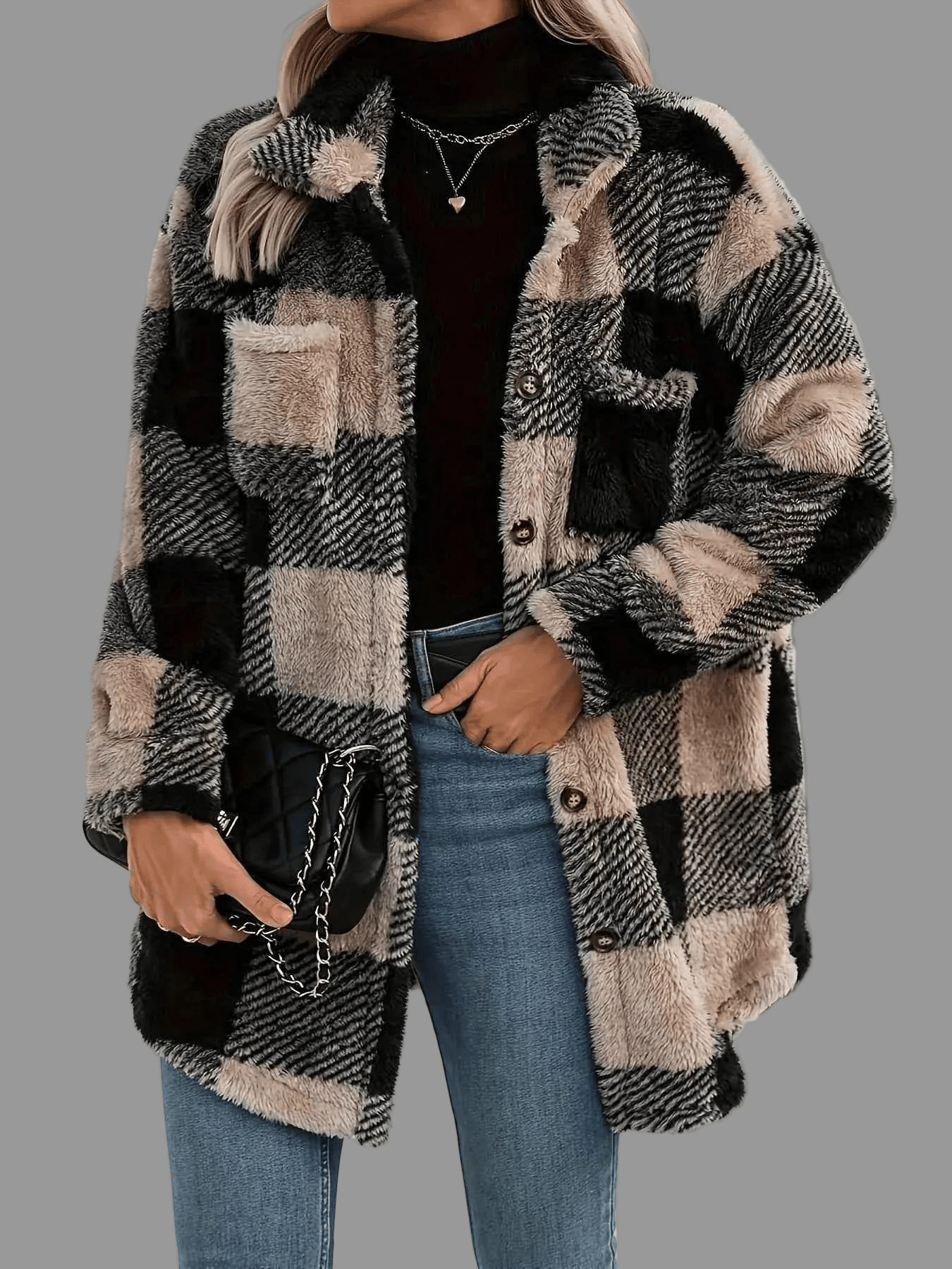 women_fashion - littlescollectionCoats JacketsButton Down Collared Neck Plaid Teddy Coat with PocketsMoya