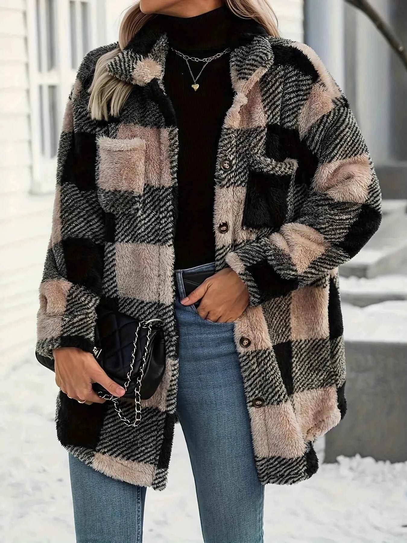 women_fashion - littlescollectionCoats JacketsButton Down Collared Neck Plaid Teddy Coat with PocketsMoya