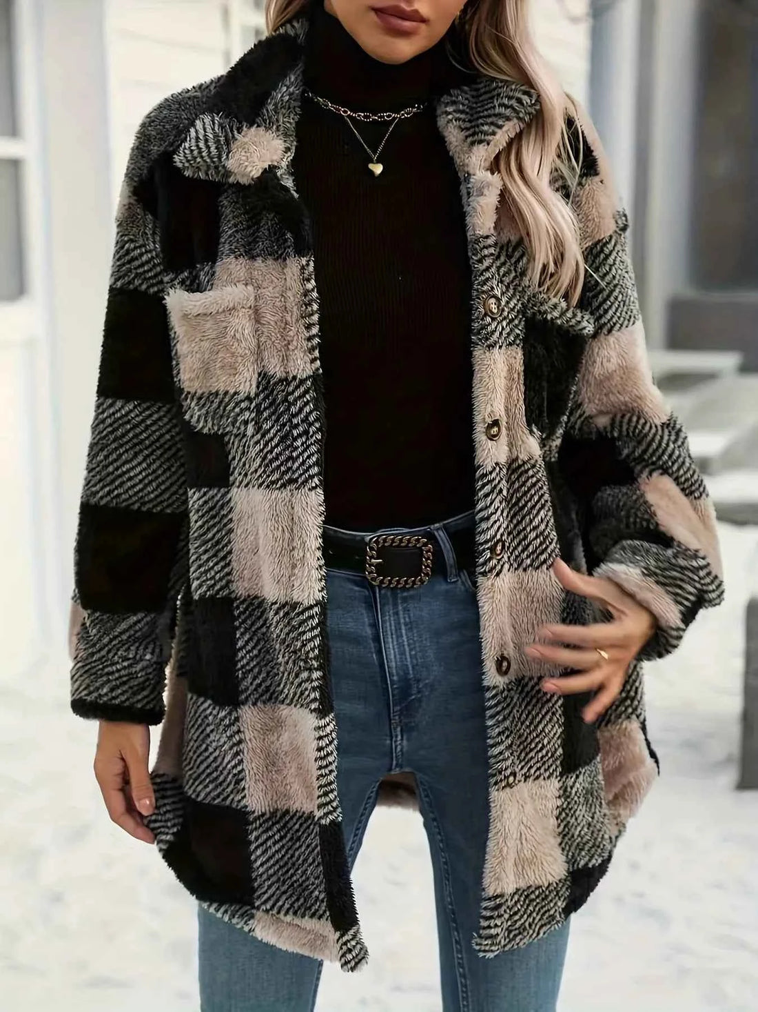 women_fashion - littlescollectionCoats JacketsButton Down Collared Neck Plaid Teddy Coat with PocketsMoya