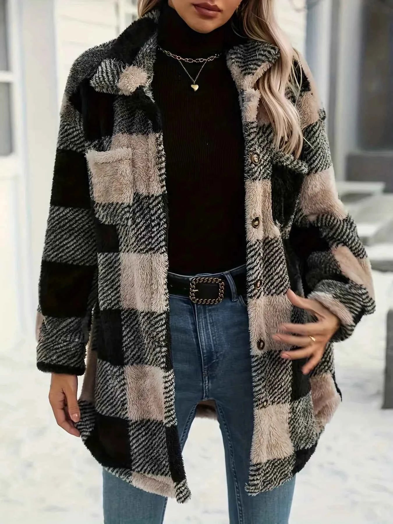 women_fashion - littlescollectionCoats JacketsButton Down Collared Neck Plaid Teddy Coat with PocketsMoya