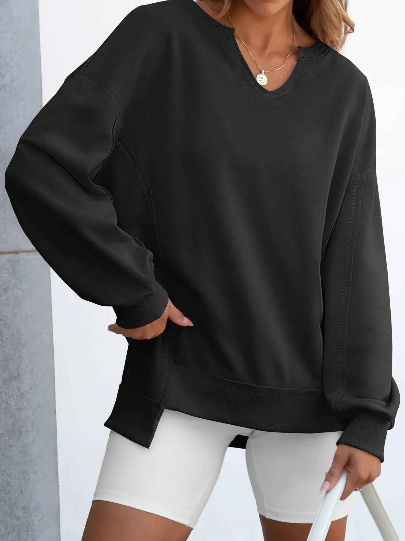 women_fashion - littlescollectionSweatshirt womenNotched Long Sleeve Oversized Contrast Trimming SweatshirtShip From Overseas