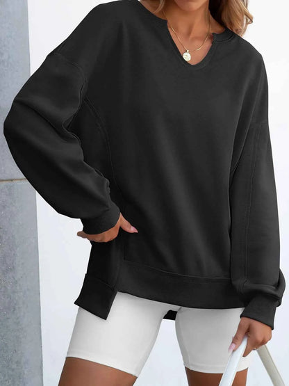 women_fashion - littlescollectionSweatshirt womenNotched Long Sleeve Oversized Contrast Trimming SweatshirtShip From Overseas