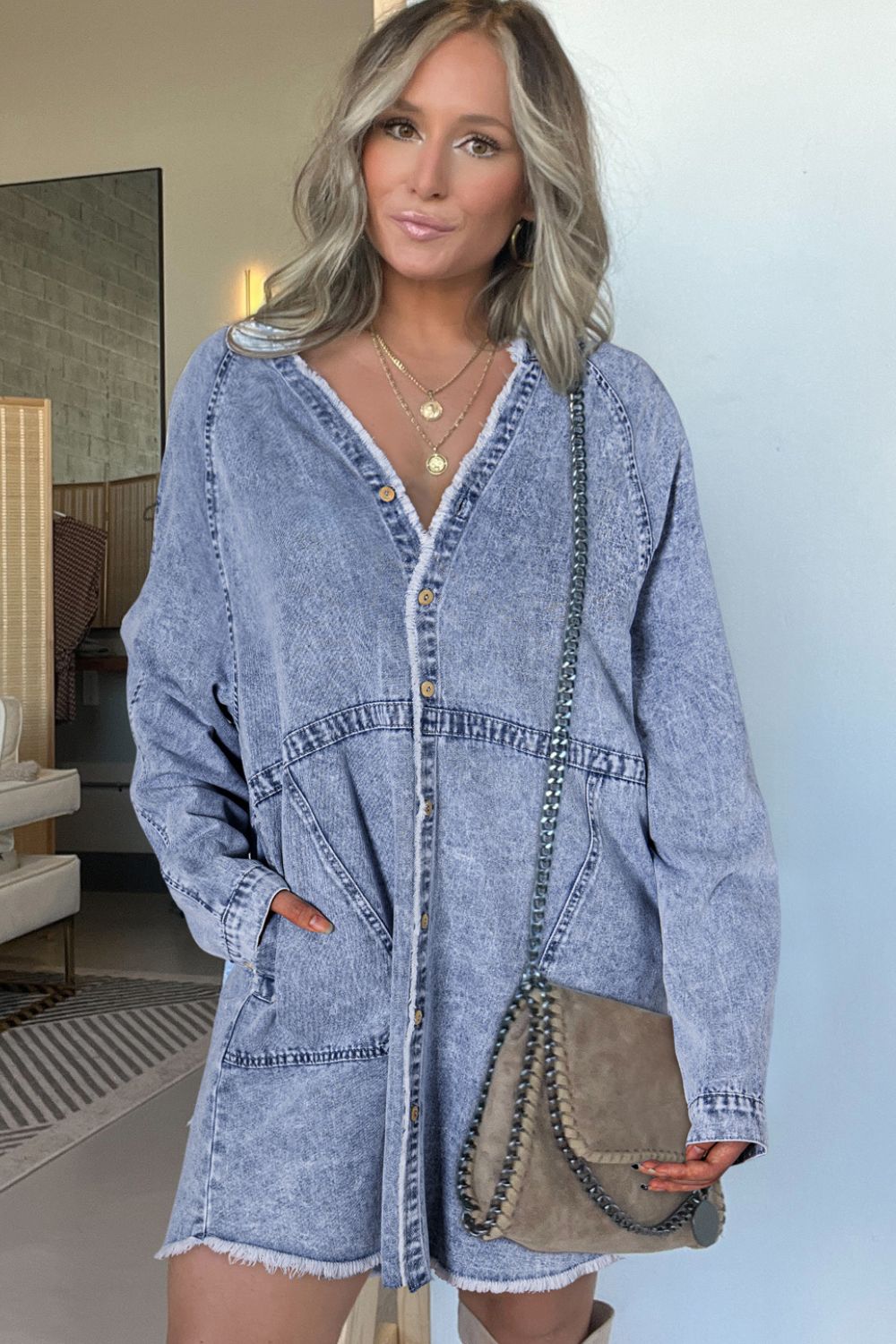 Raw Hem Button Down Long Sleeve Denim Dress - Littles Collection 