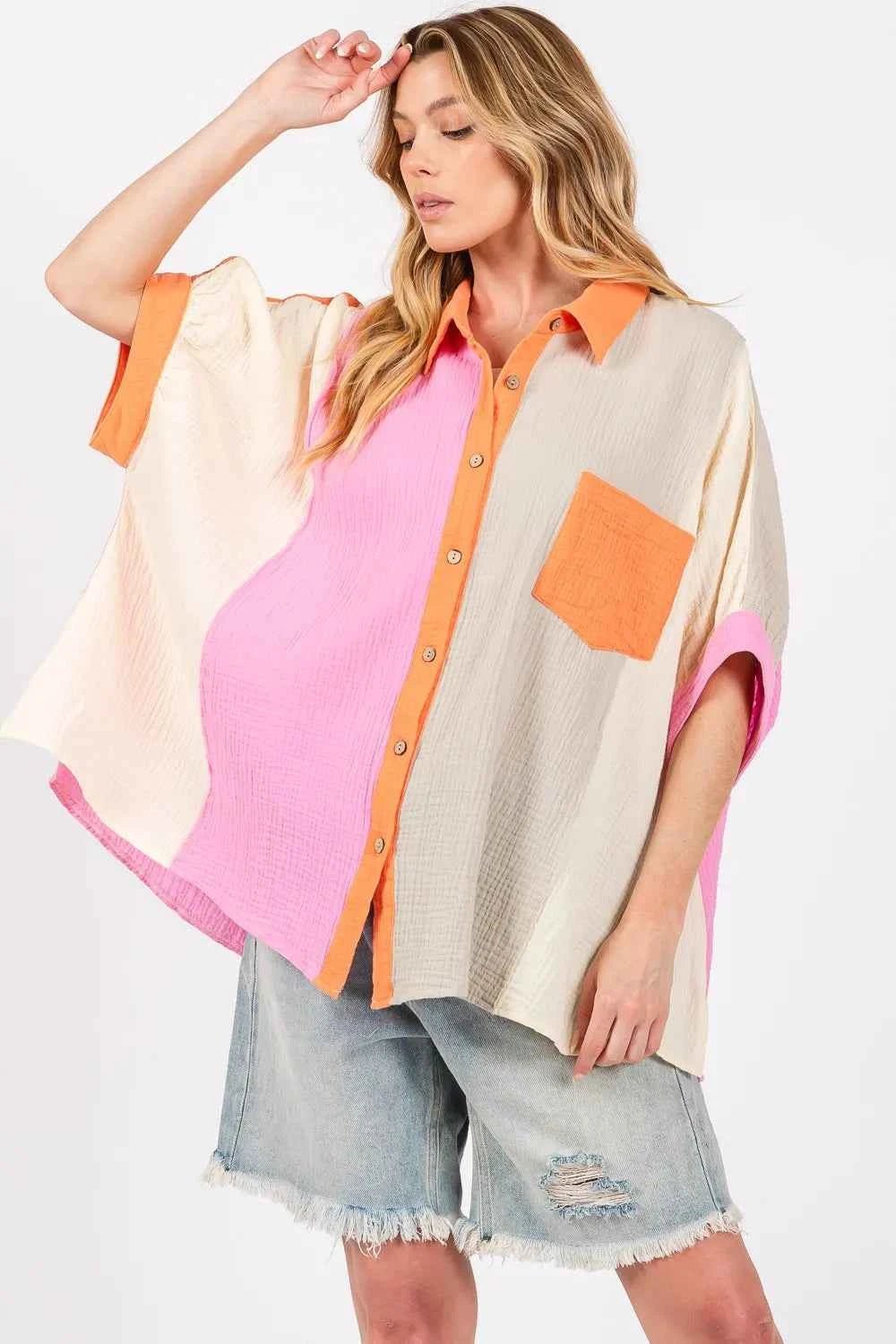 women_fashion - littlescollectionTopsBoho Color Block Button - Down Cotton Shirt Plus SizeShip from USA