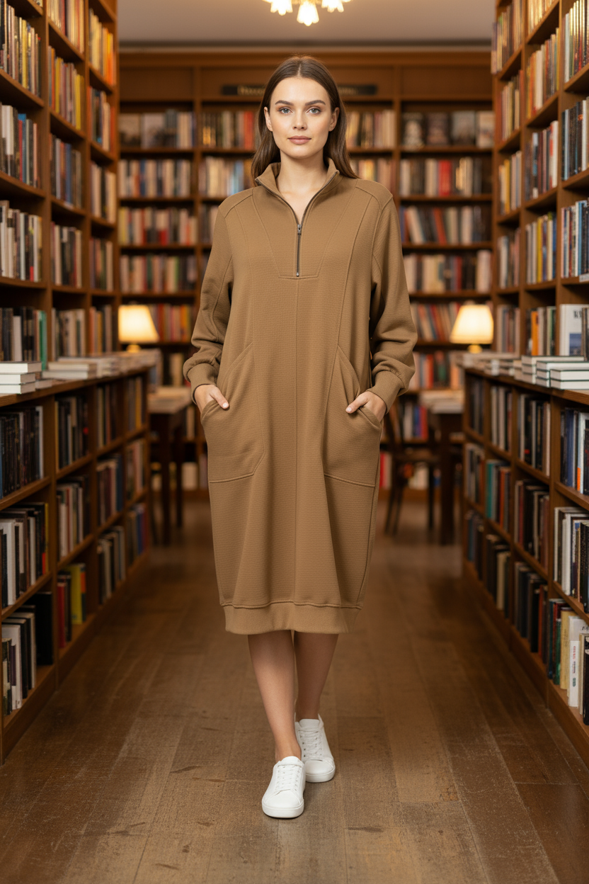 A woman in a brown sweater dress with pockets is standing in a library.