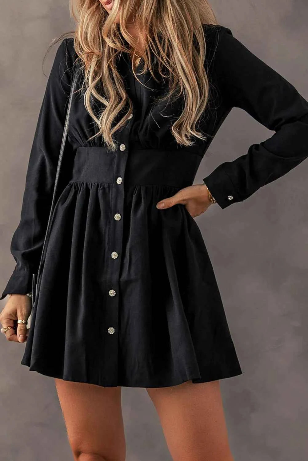 Ruched Button Up Black Dress