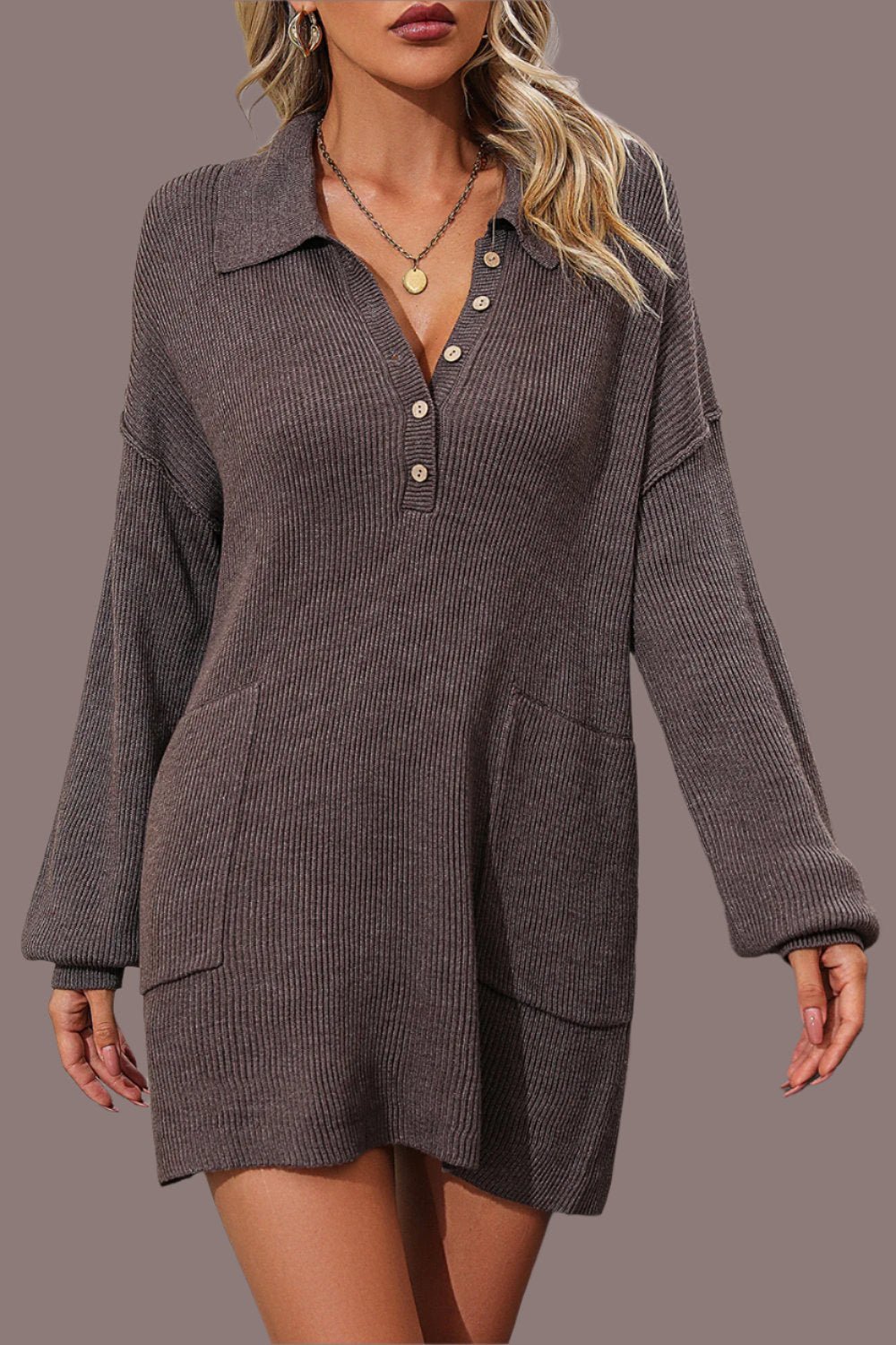 Collared Sweater Dress with Pockets button front loose fit brown color