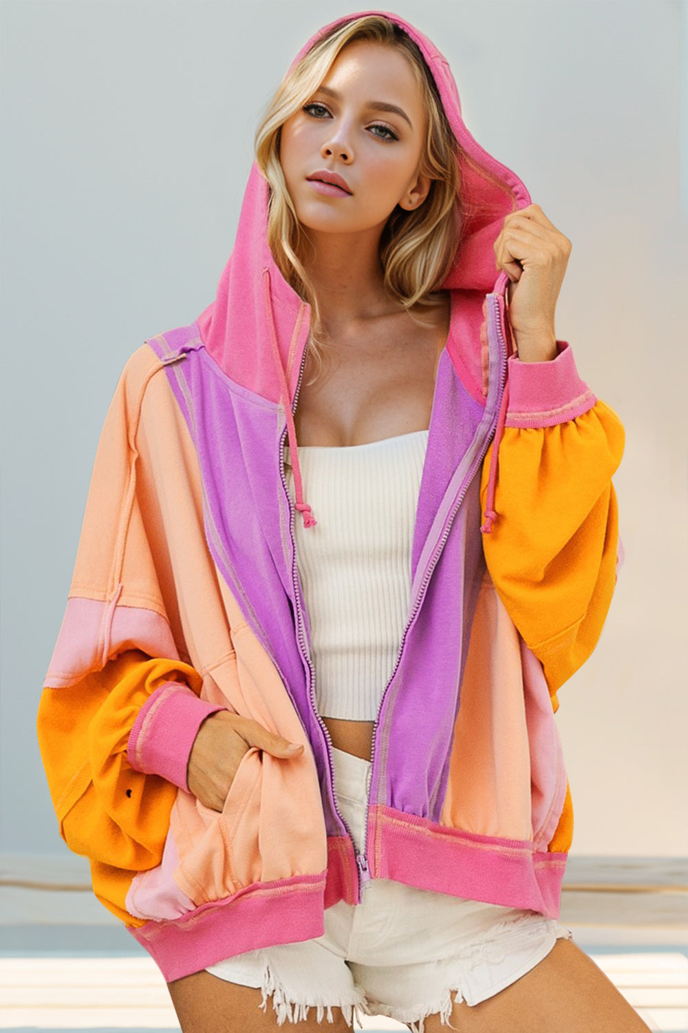 Double Take Color Block Cotton Hoodie Women pink color with pocket.