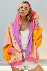Double Take Color Block Cotton Hoodie Women pink color with pocket.