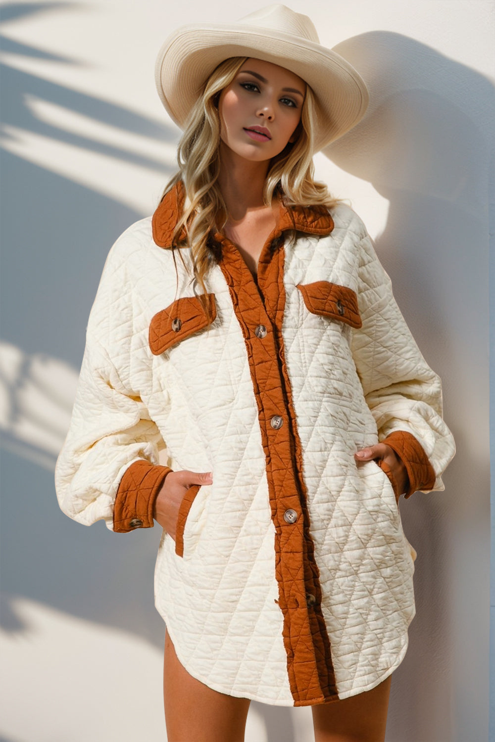 Designer shirt collar cream color shacket contrast pocke. Exclusive jacket cotton 
