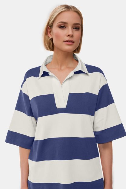 Pima-Cotton-Wash-Color-Block Johnny-Collar-Half-Sleeve-Top