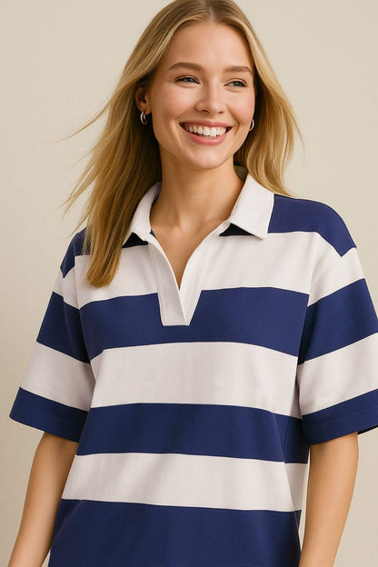 Pima-Cotton-Wash-Color-Block Johnny-Collar-Half-Sleeve-Top