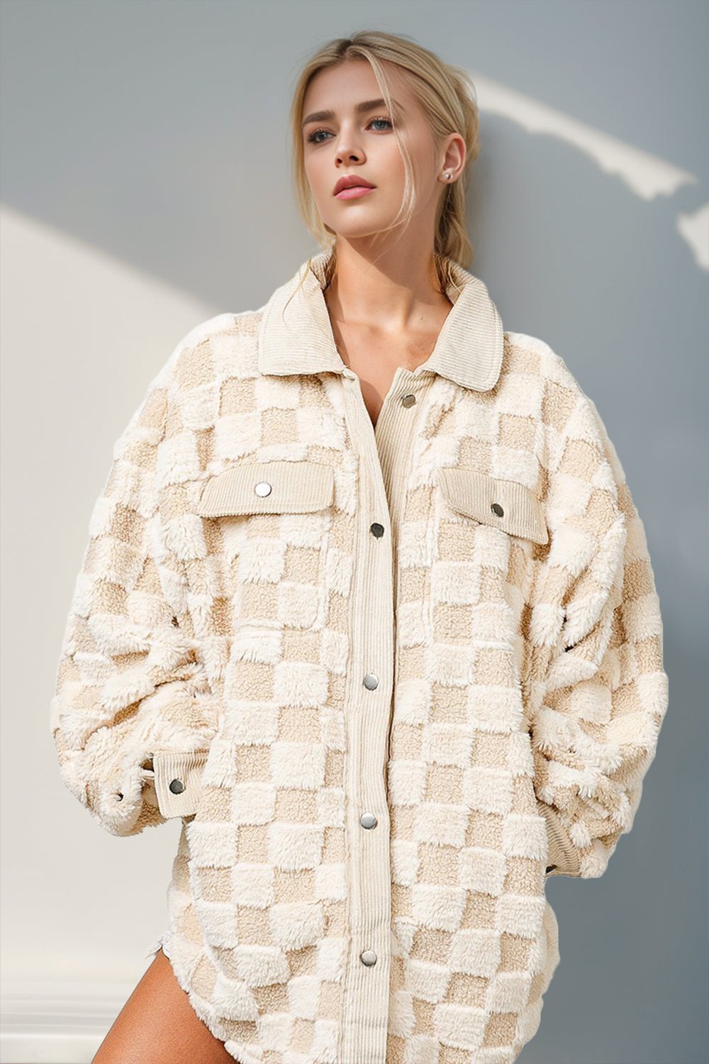 Double Take Button Up Fuzzy Checkered Jacket 