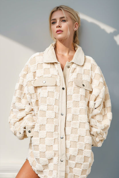 Double Take Button Up Fuzzy Checkered Jacket 