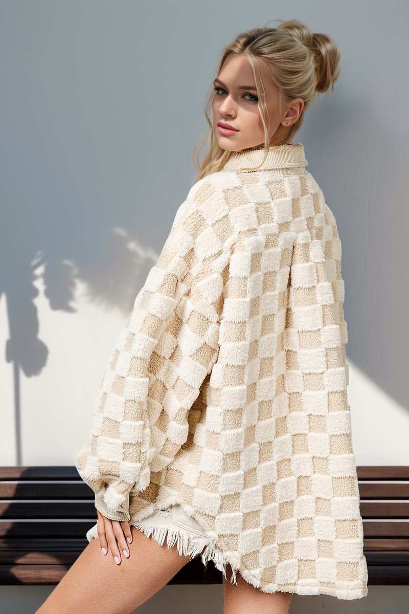 Double Take Button Up Fuzzy Checkered Jacket 