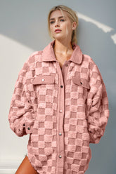 Double Take Button Up Fuzzy Checkered Jacket 