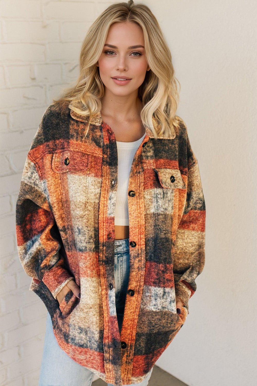Double Take Button Up Plaid Fleece Shacket with Pockets multicoloured cotton.