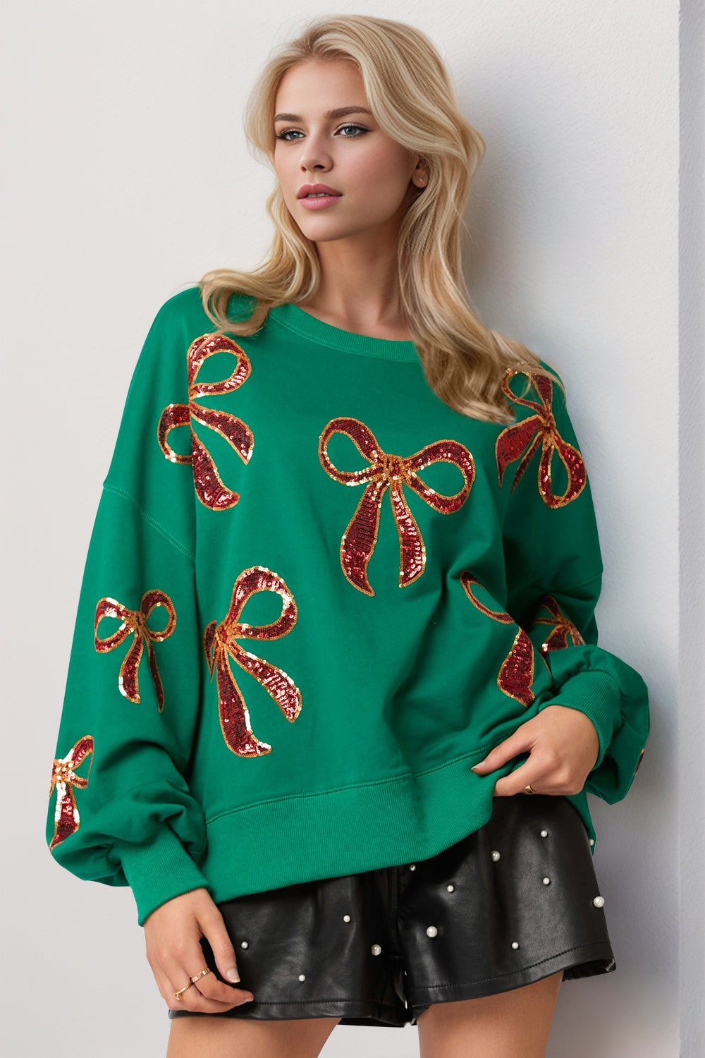 Double Take Christmas Bow Sequin Round Neck Dropped Shoulder cotton blend Sweatshirt 