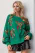 Double Take Christmas Bow Sequin Round Neck Dropped Shoulder cotton blend Sweatshirt 