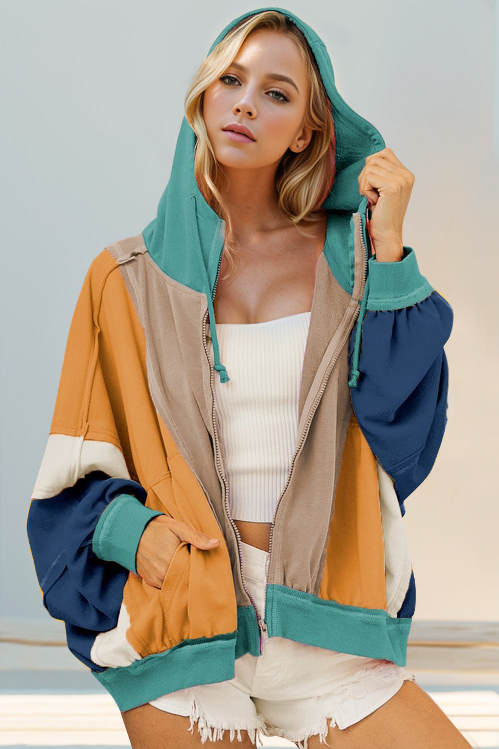 Double Take Color Block Cotton Hoodie Women