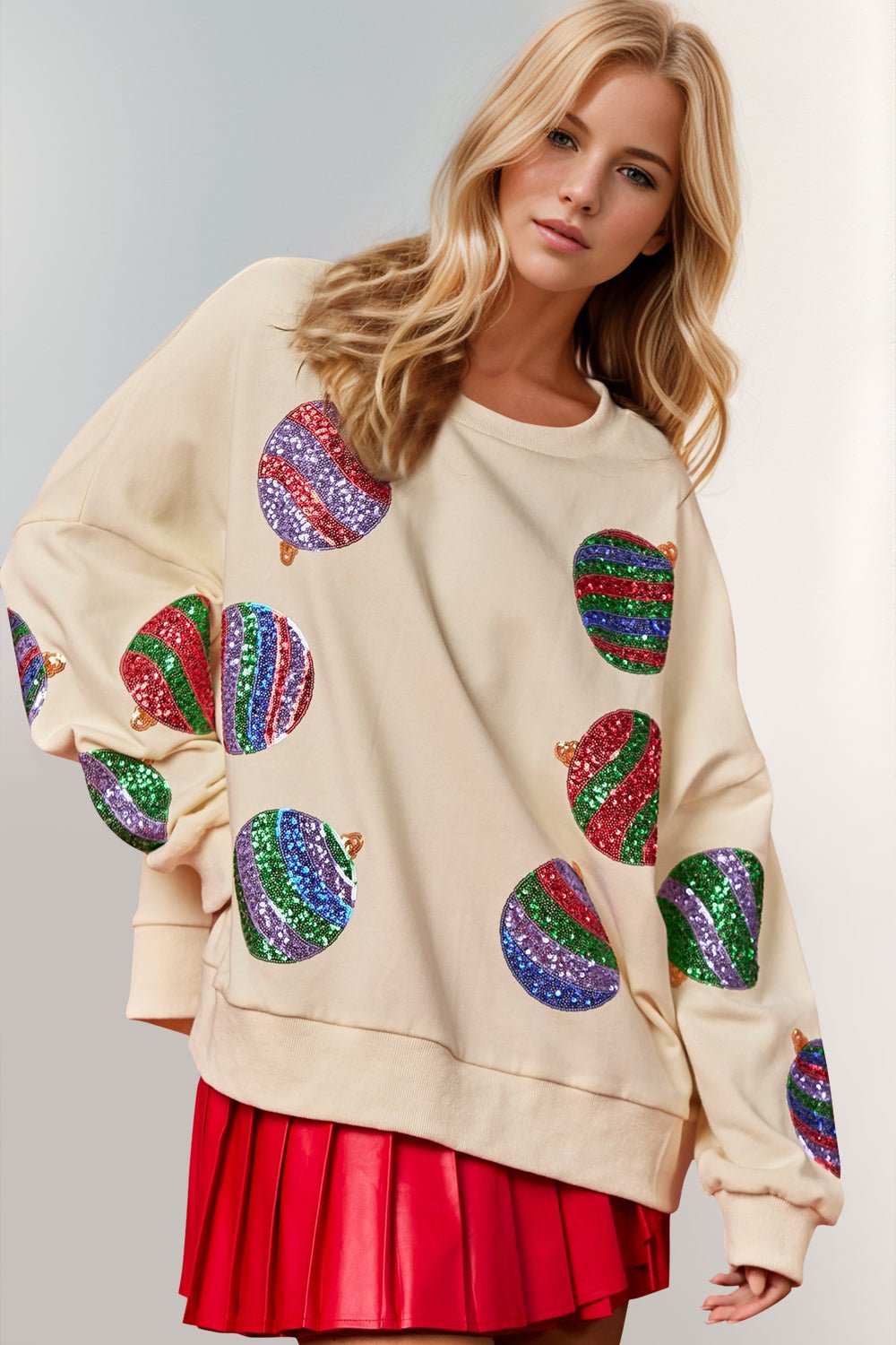 Double Take Cotton Christmas Element Sequin Round Neck Long Sleeve Sweatshirt Features: Sequin 
