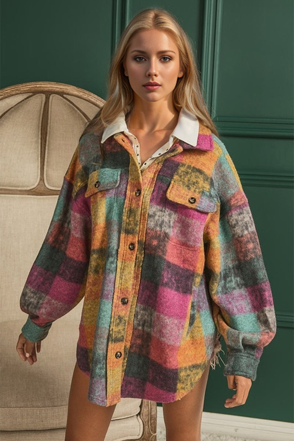 Multicolored checked shirt jacket women.