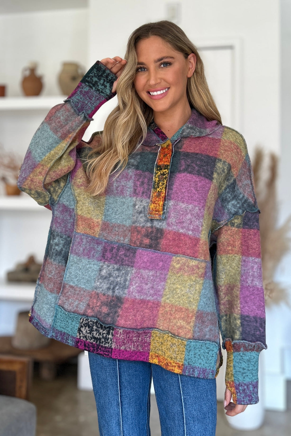 Double Take Plaid Dropped Shoulder Fleece Hoodie - Littles Collection 