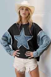 Double Take Raw Edge Star Contrast Sweatshirt - Littles Collection 
