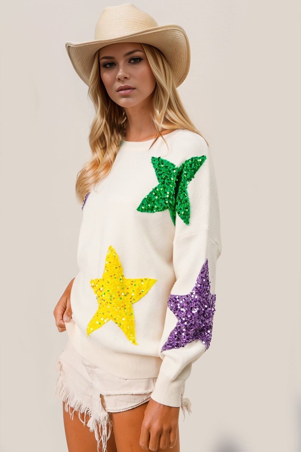 Double Take Sequin Star Round Neck Dropped Shoulder Sweater - Littles Collection 